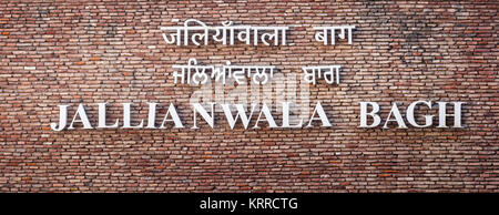 Bullet marks in a wall, Jallianwala Bagh, a public garden in Amritsar, Punjab, India, a memorial commemorating the 1919 Jallianwala Bagh Massacre Stock Photo