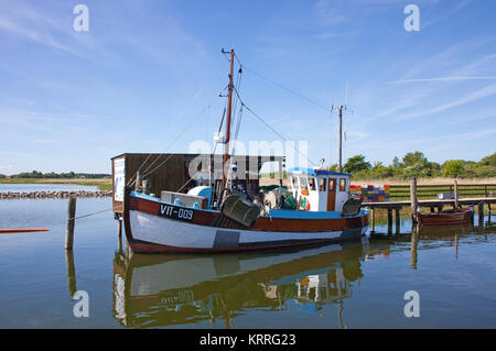 Fishing cutter at the harbour of village Kloster, Hiddensee island, Mecklenburg-Western Pomerania, Baltic Sea, Germany, Europe