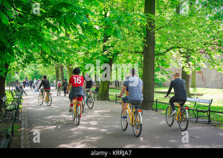 Planty Krakow, view on a late spring morning of a group of male cyclists ride through Planty Park in the centre of Krakow, Poland. Stock Photo