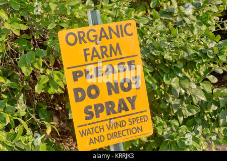 Sign 'Please Do Not Spray' Organic Farm, Citrus 'tangerine' orchard, California. Stock Photo