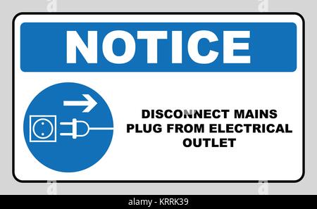Disconnect mains plug from electrical outlet sign. Blue mandatory symbol. Vector illustration isolated on white. White simple pictogram. Notice banner Stock Vector