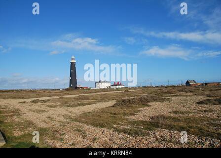 The old lighthouse at Dungeness in Kent, England on January 19, 2009. Opened in 1904 it was decommissioned in 1960. Stock Photo