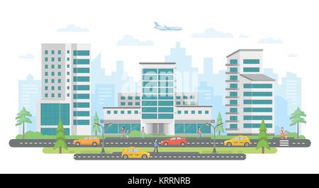 Busy street - modern colorful flat vector illustration Stock Vector