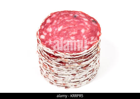 Slices of salami sausage on a white background Stock Photo