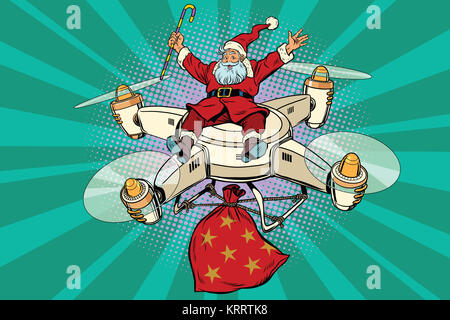 Retro Santa Claus flies on the drone Stock Photo