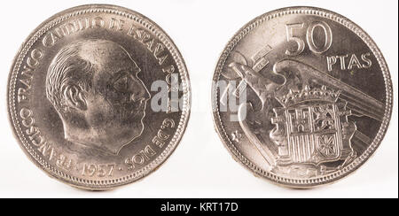 Old Spanish coin of 50 pesetas, Francisco Franco. Coined in nickel. Year 1957, 59 in the star. Stock Photo