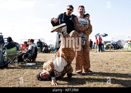 At Roskilde Festival it's tradition that people dress up and disguise in many ways. Here two guys wear tiger costumes. Denmark 2013. Stock Photo