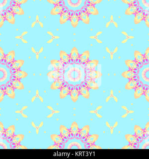 Geometric seamless retro background, happy and dreamy. Regular abstract symmetric blossoms pink, violet, yellow and orange, with yellow diamond pattern on light blue. Stock Photo