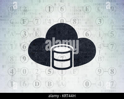 Cloud networking concept: Painted black Database With Cloud icon on Digital Data Paper background with Scheme Of Hexadecimal Code Stock Photo