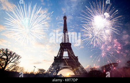 Abstract background of Eiffel tower with fireworks Stock Photo