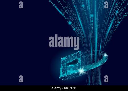 Cyber safety padlock on data mass. Internet security lock information privacy low poly polygonal future innovation technology network business concept blue vector illustration Stock Vector