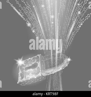Cyber safety padlock on data mass. Internet security lock information privacy low poly polygonal future innovation technology network business concept gray white vector illustration Stock Vector