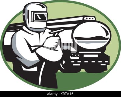 Retro style illustration of a tig welder with welding torch and tanker truck or tank truck set inside oval on isolated background. Stock Vector