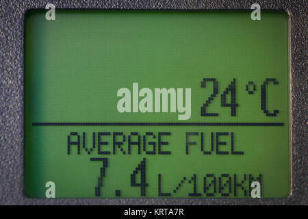 Car display with average fuel consumption and temperature Stock Photo