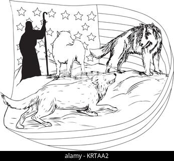 Drawing sketch style illustration of a sheepdog or border collie defend a lamb from being attacked and preyed on by lamb with American stars and strip Stock Vector