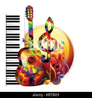 Colorful music background with guitar, piano keyboard, birds and music notes Stock Vector