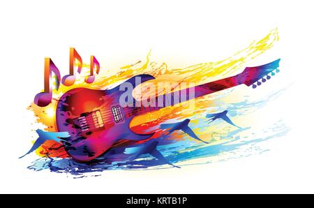 Colorful music background with  acoustic guitar, flying birds and 3d music notes Stock Vector