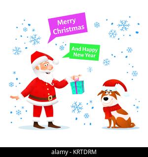 Merry Christmas card. Funny Santa Claus with Xmas gift and dog in red hat on Christmas background with snowflakes. Holiday banner or poster. New Year decoration design. Cartoon vector illustration.