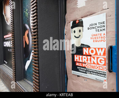 Bonchon Korean fried chicken restaurant advertises that it is hiring prior to the imminent opening of their new branch in the Chelsea neighborhood of New York, seen on Saturday, December 16, 2017. (© Richard B. Levine) Stock Photo