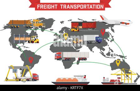 Vector infographic of worldwide shipping, heavy transport, delivery ways and logistics in business and industry with warehouse, trucks, airplane, rail Stock Vector