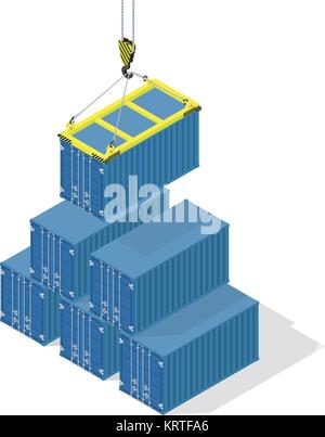 Pyramid of sea containers. The top container lowered the crane - isometric illustration with shadows Stock Vector