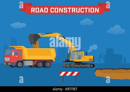 Excavator digging pit in the ground and load truck. Construction machines in the background silhouette of the city. Vector illustration of building ma Stock Vector