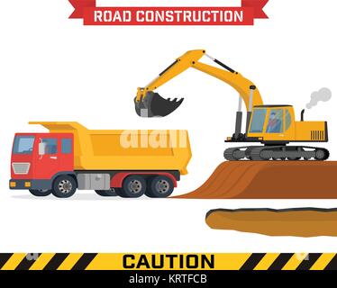 Excavator digging pit in the ground and load truck. Construction machines on white background. Vector illustration of building machinery. Stock Vector
