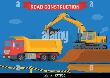 Excavator digging pit in the ground and load truck. Construction machines in the background silhouette of the city. Vector illustration of building ma Stock Vector