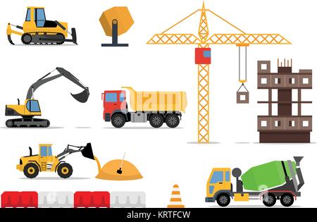 Construction machines builders and house building process. Process of building the house. Engineering measured, architectural work, builders make a ho Stock Vector