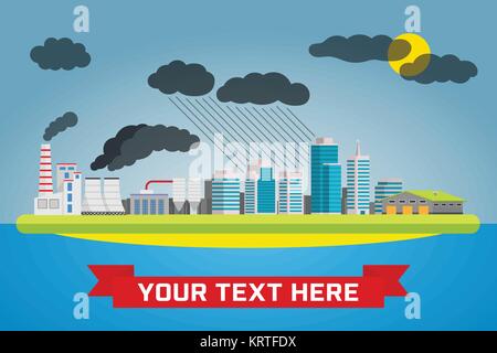 Urban pollution landscape. Ecology, environmental protection production, factory, plant, pollution, smoke building Vector flat illustrations Stock Vector