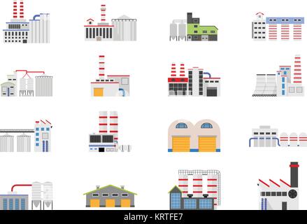 Industrial and manufacturing factory building. Vector icon set in the flat style on white background Stock Vector