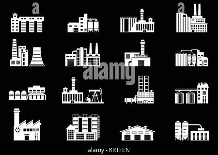Set of industry manufactory building icons. Plant and factory, power and smoke, oil and energy, nuclear manufacturing station. Vector illustration Stock Vector