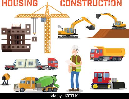 Construction machines builders and house building process. Process of building the house. Engineering measured, architectural work, builders make a ho Stock Vector