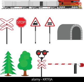 Railroad traffic way and train wagons with refrigerators. Railroad train transportation. Railway equipment with signs, barriers, alarms, traffic light Stock Vector