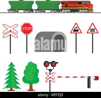 Railroad traffic way and train wagons for transportation of grain. Railroad train transportation. Railway equipment with signs, barriers, alarms, traf Stock Vector