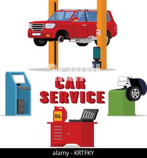 Vector concept car services - car repair and diagnostics. Tire fitting service and tuning. SUV raised by twin post lifts Stock Vector
