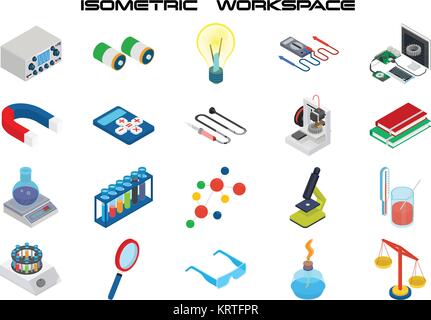 Isometric science icons with 3D design, electronics and chemistry equipment. Vector icon set Stock Vector