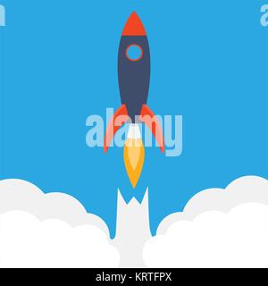 Rocket ship in a flat style.Vector illustration with 3d flying rocket.Space travel to the moon.Space rocket launch.Project start up and development pr Stock Vector