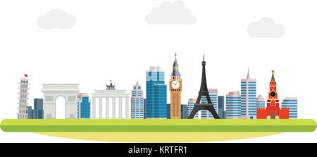 banner on the topic of traveling around the world. World landmarks in the background of the modern city. Pisa, Eiffel Tower, Brandenburg Gate, Triumph Stock Vector