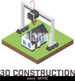 Industrial 3D printer prints a house concept. Isometric vector illustration Stock Vector