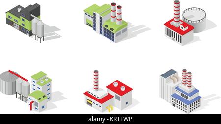 Icons and compositions of industrial building, isolated constructions, subjects isometric view, 3D. Vector set of industry. Stock Vector