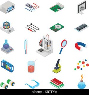 Isometric science icons with 3D design, electronics and chemistry equipment - vector illustration Stock Vector