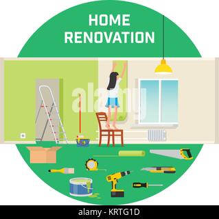 Room repair in home. Interior renovation in apartment and house. girl sticks Wallpaper in the room. Flat style vector illustration. Stock Vector