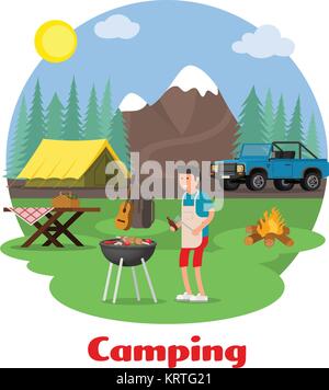 Camping and outdoor recreation concept. Man of cooking meat on the background of mountain scenery. Forest camp with a tent with a jeep. Vector illustr Stock Vector