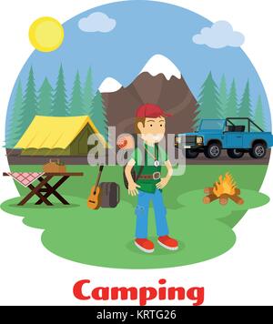 Camping and outdoor recreation concept. Man with backpack in mountain scenery. Forest camp with a tent with a jeep. Vector illustration. Stock Vector