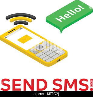 Send SMS - isometric phone with chat bubble. Vector icon Stock Vector