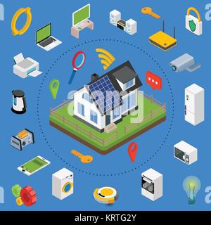 Smart home. Isometric design style vector illustration concept of smart house technology system with centralized control. Stock Vector