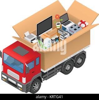 Isometric red cargo truck with cardboard box - vector illustration Stock Vector