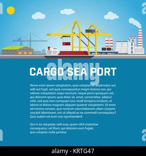 Sea Cargo Port, Unloading of Containers from the Container Carrier. Vector banner. Stock Vector
