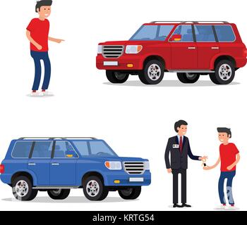 design concept of choice car, buying, sale, rent and hire cars . Vector, cool flat, illustration. Vector detailed character buyer and seller Stock Vector